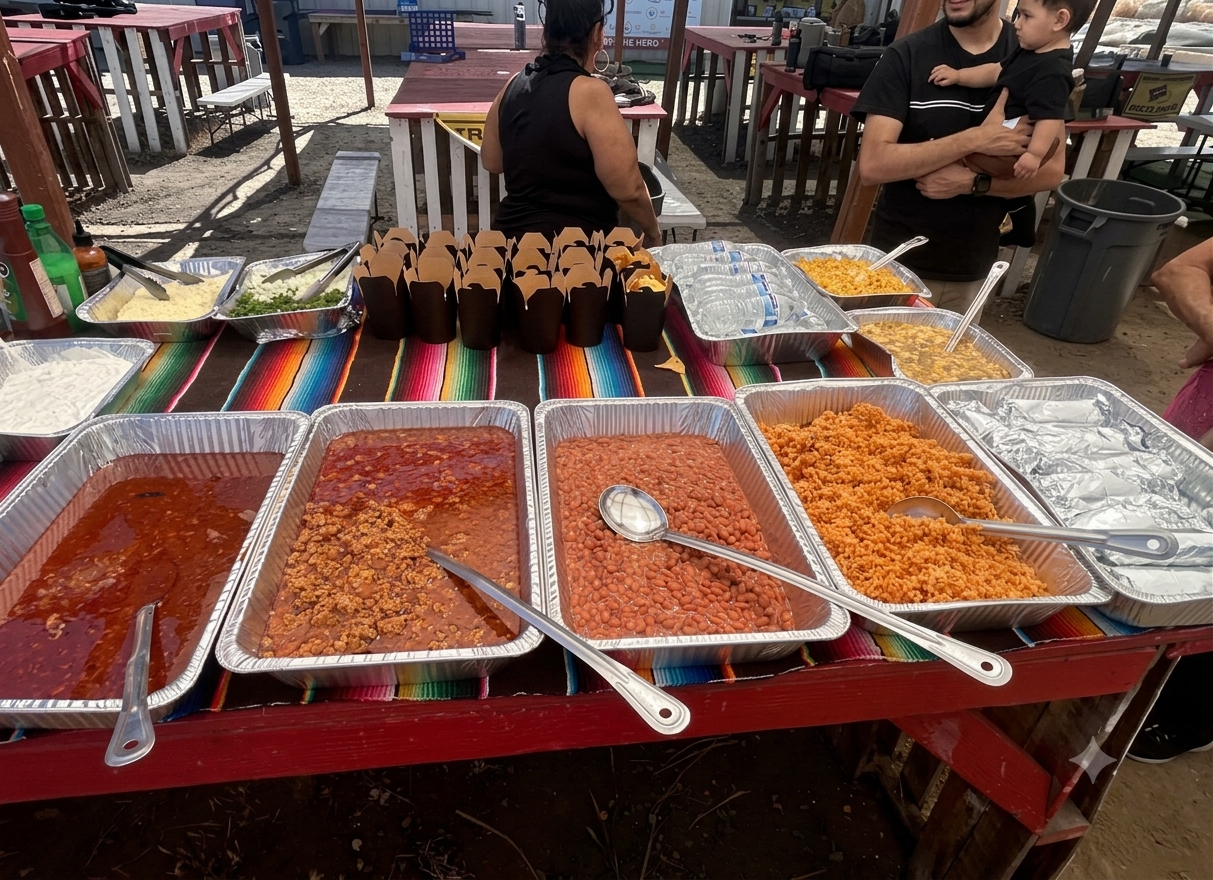 Outdoor catering buffet line with chili verde, beans, Mexican rice, mac and cheese and bottled water on a striped blanket