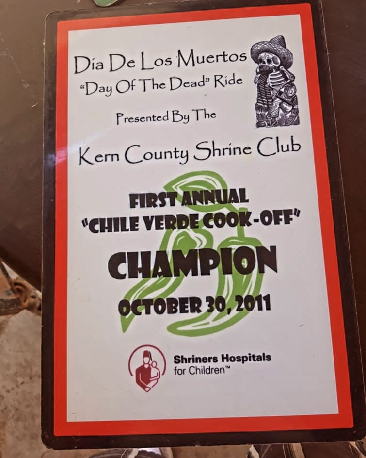 First place champion plaque from the Kern County Shrine Club Chile Verde Cook-Off, October 30 2011